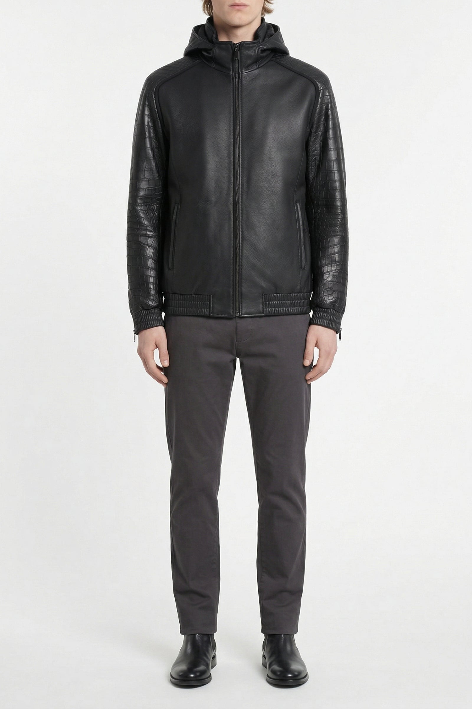 Blouson à empiècements en cuir exotique - Noir