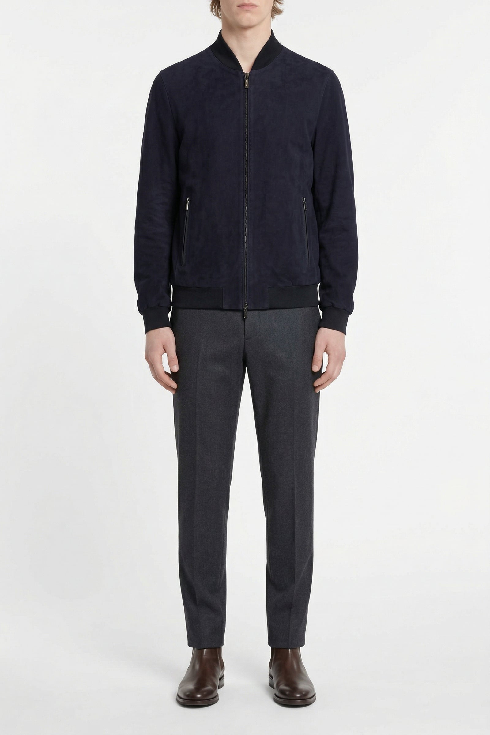 Blouson aviateur à col montant côtelé en soie - Bleu