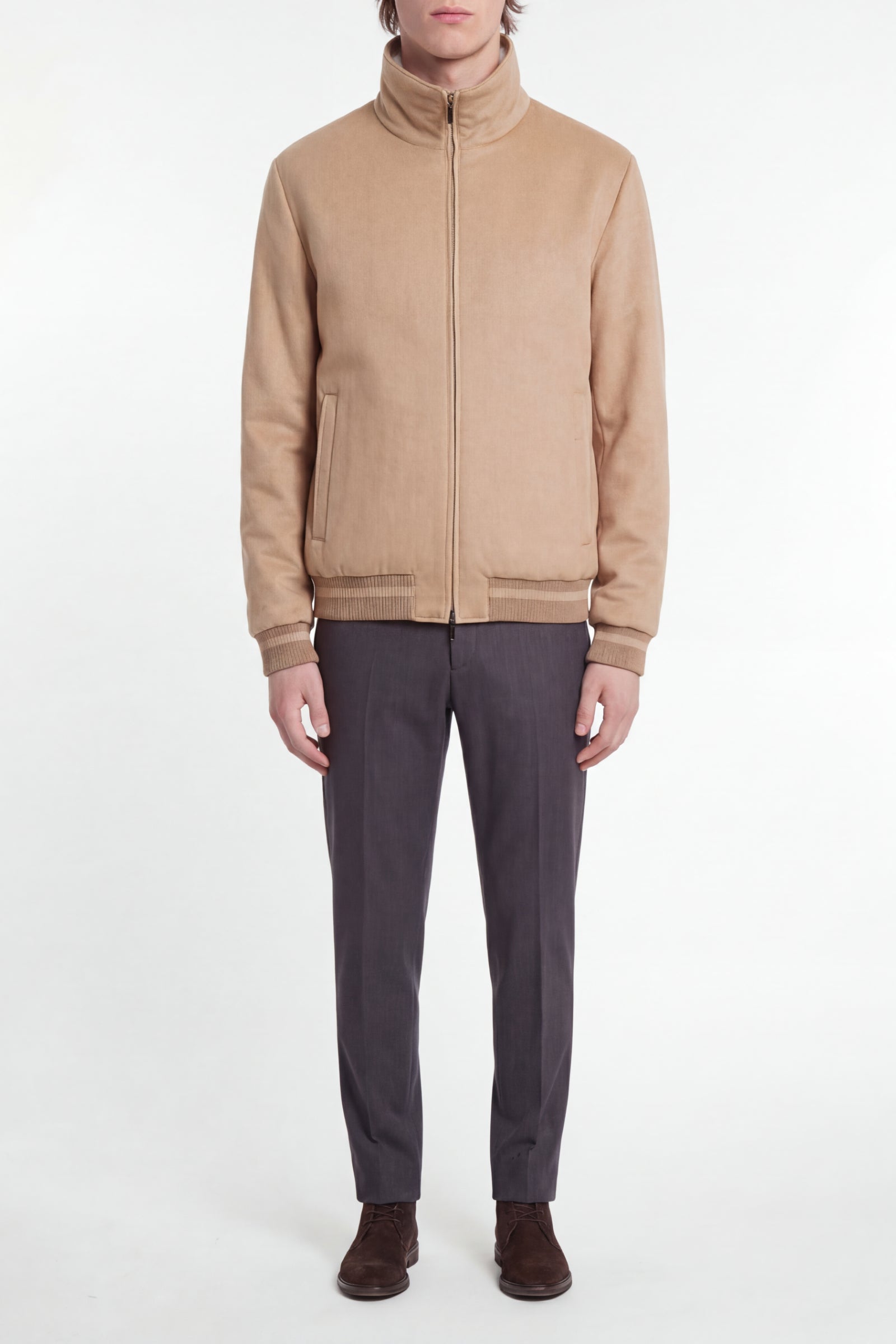Bomber à bords rayés en cachemire - Beige