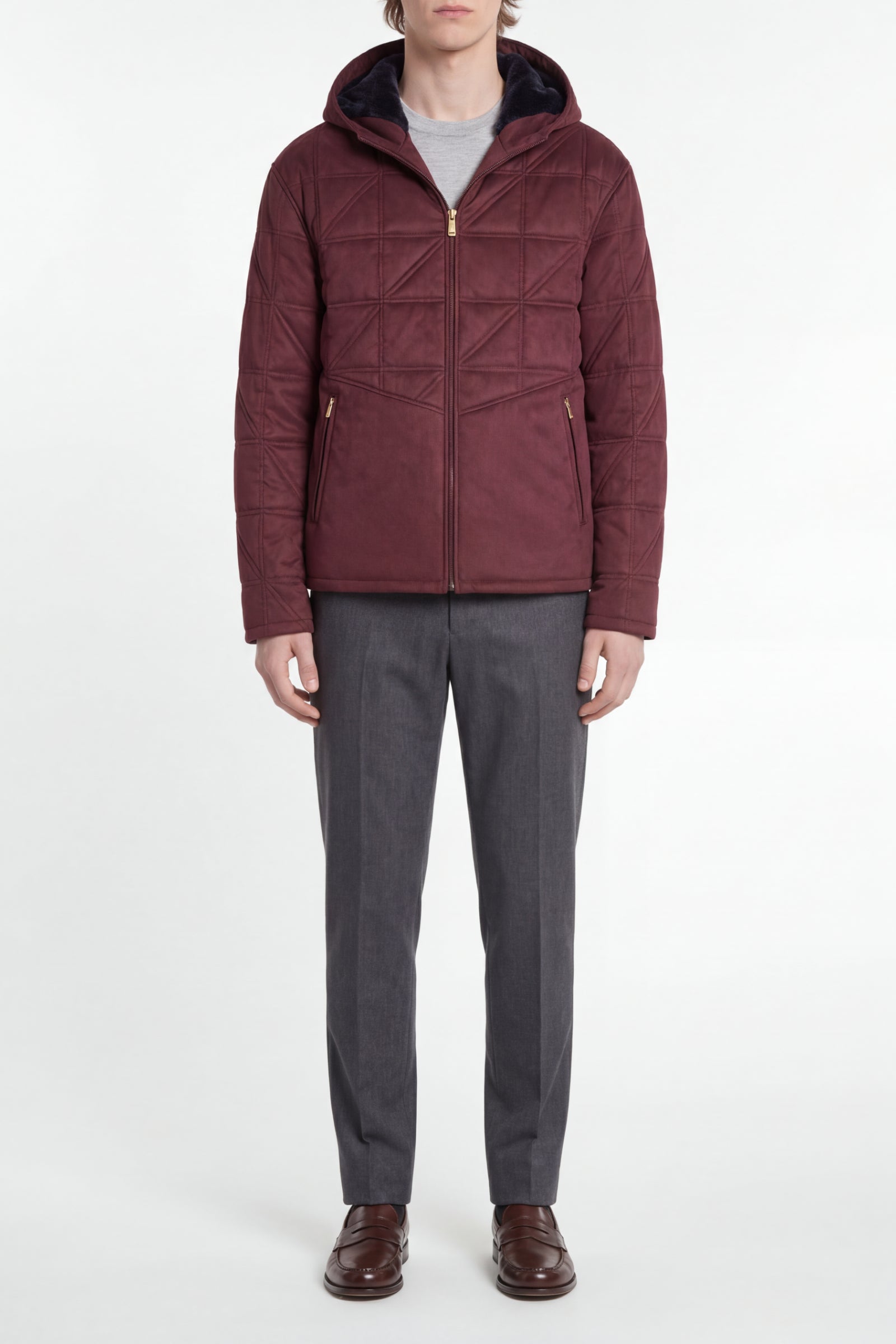 Blouson matelassé à motif géométrique en cuir - Bordeaux