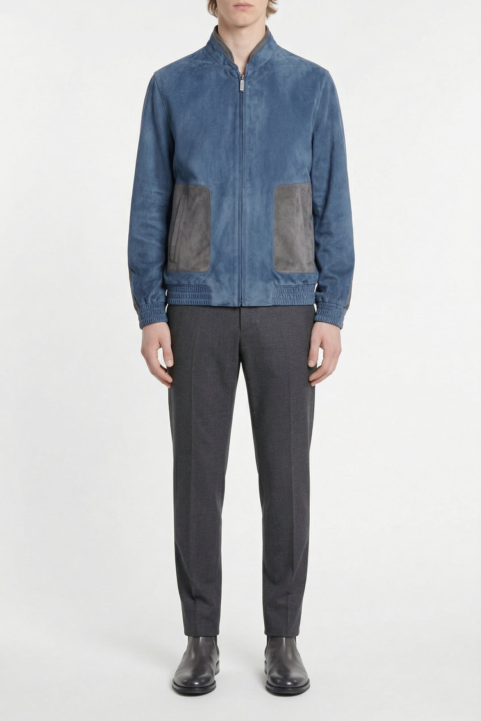 Bomber à col montant en daim - Bleu & Gris