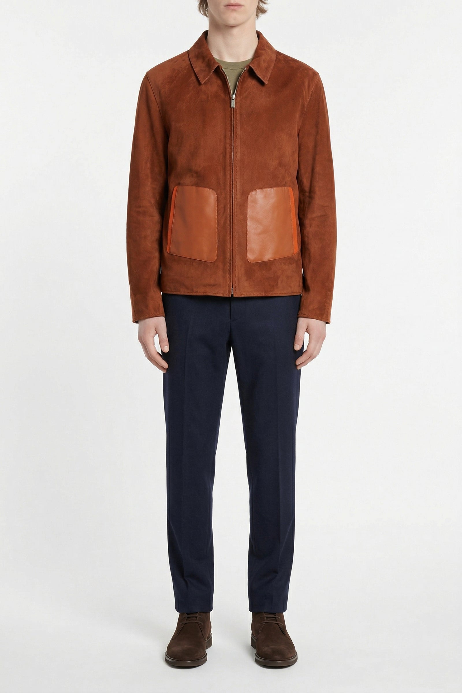 Blouson à poches angulaires en daim - Marron & Orange