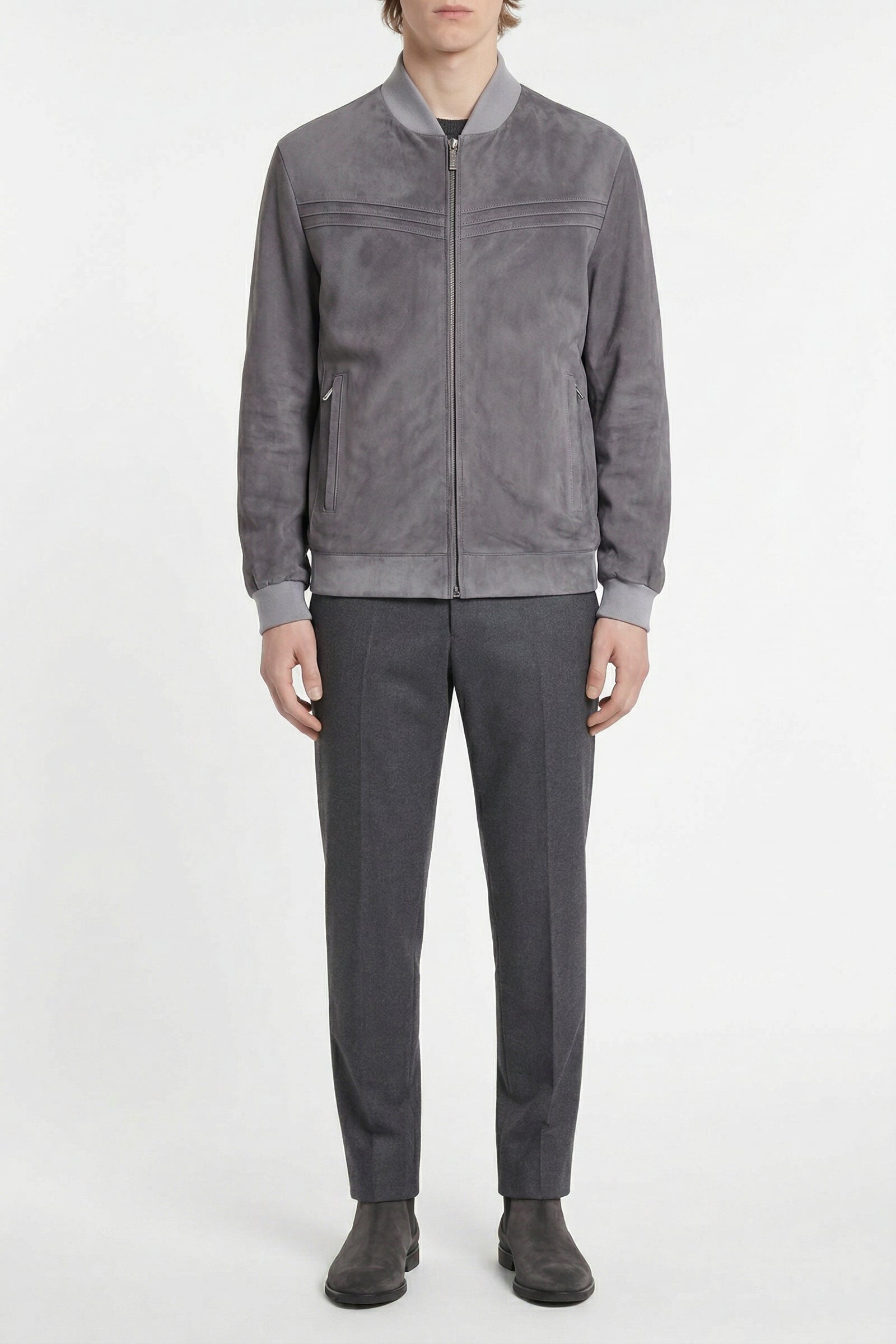 Blouson à empiècements horizontaux en cuir - Gris