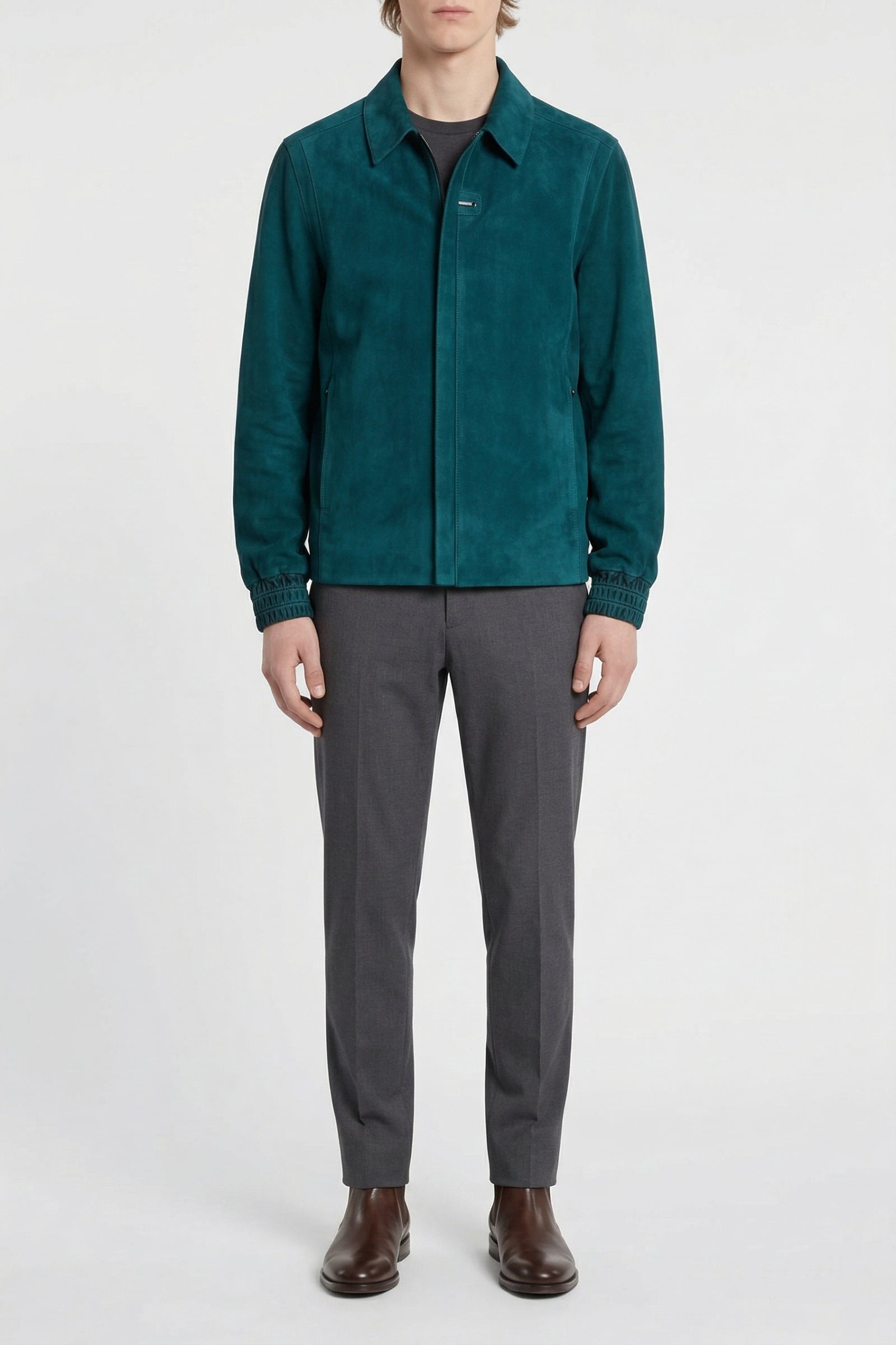 Blouson à poignets côtelés en cuir - Vert & Bleu
