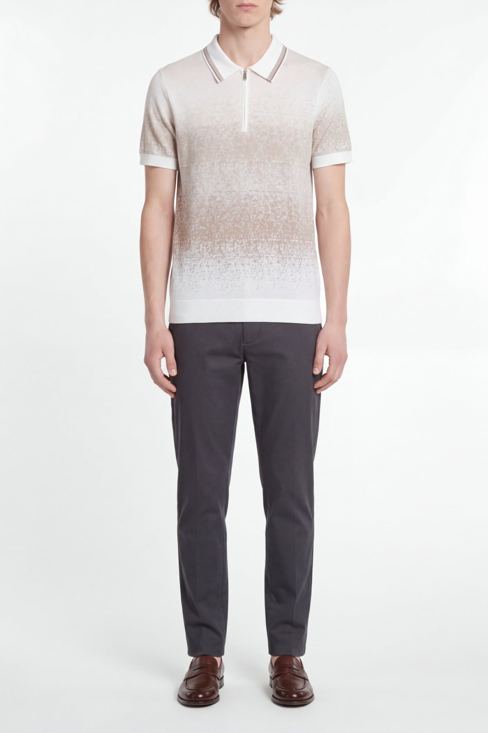 Polo à motif dégradé en soie - Blanc & Beige