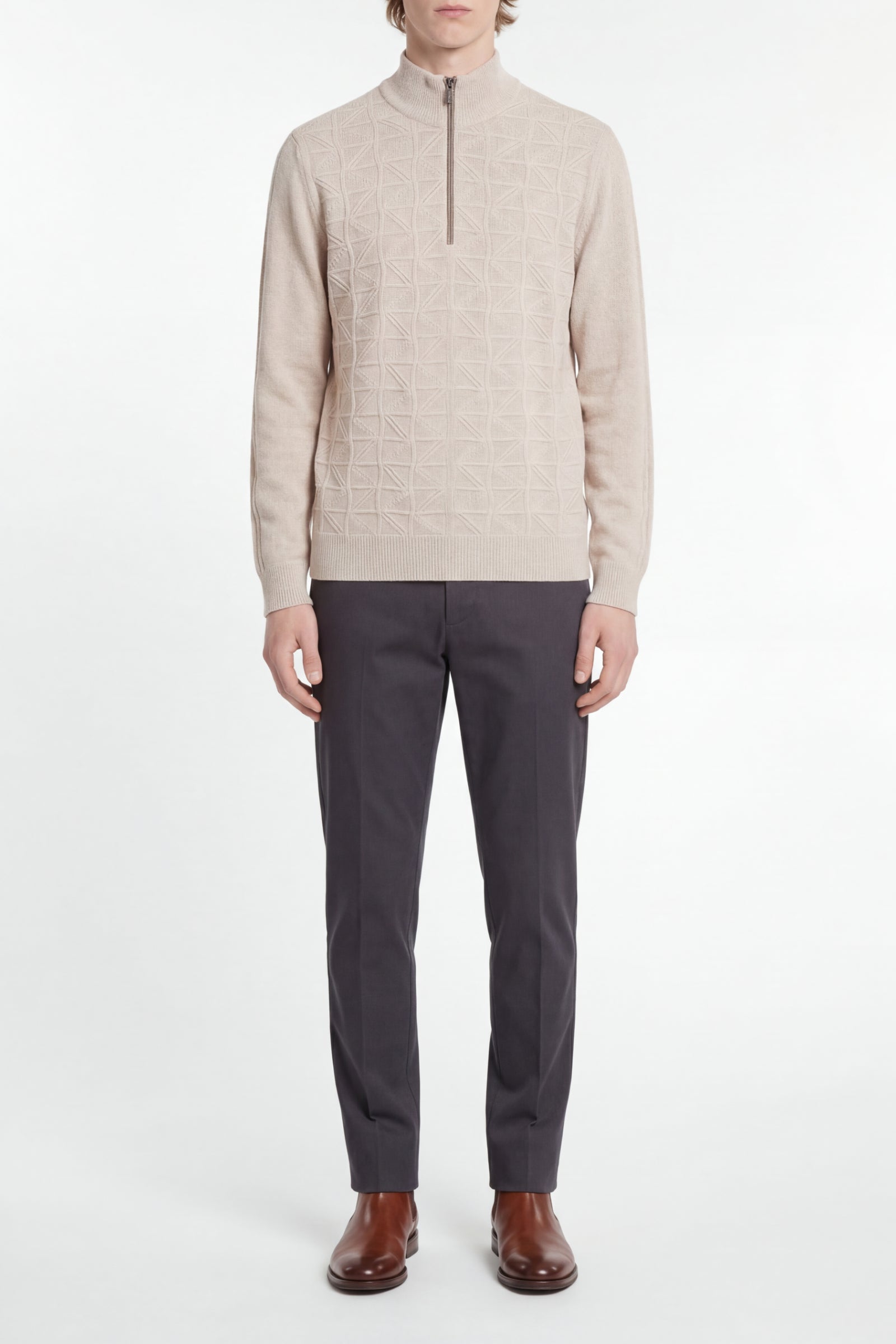 Pull jacquard zippé en cachemire - Écru