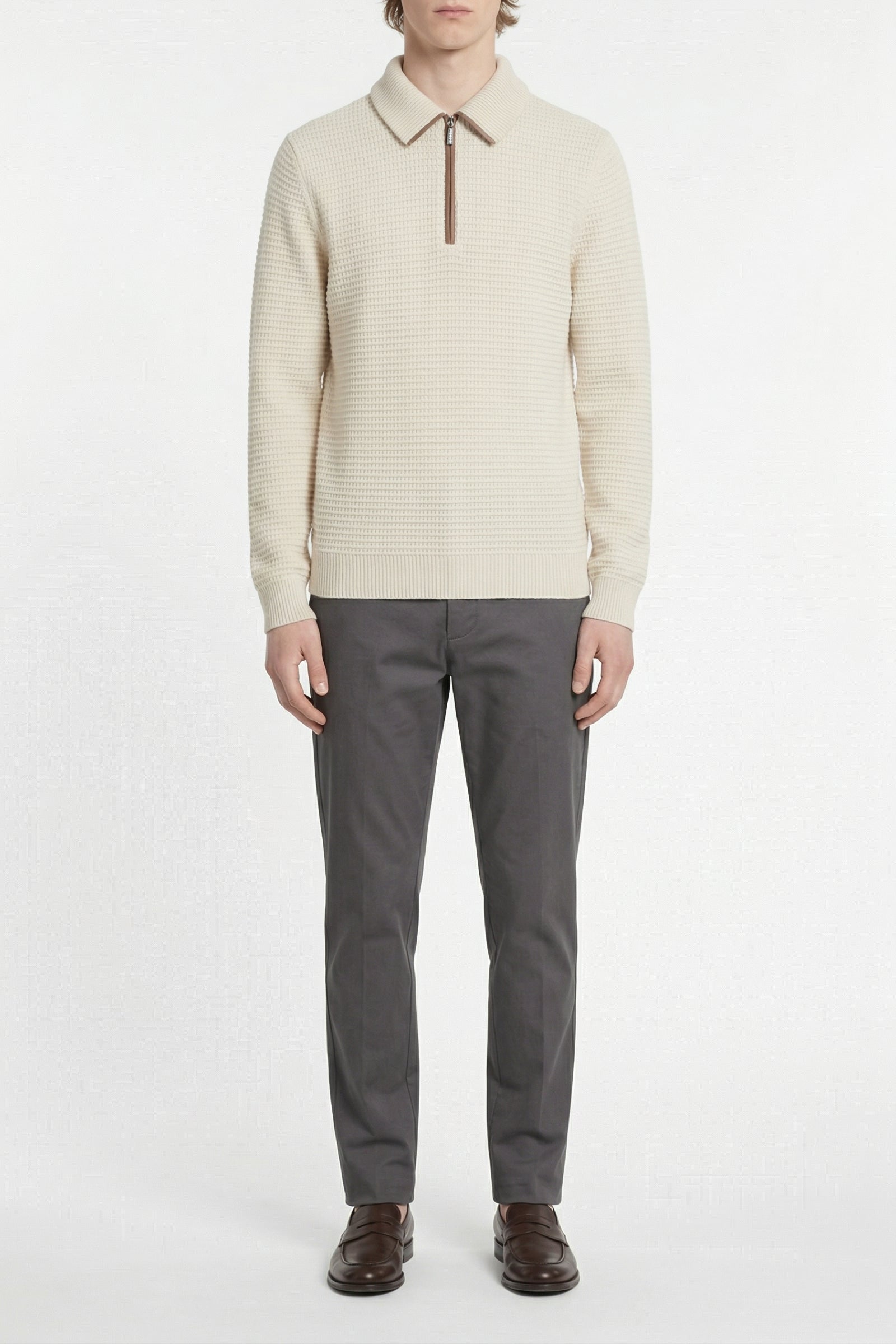 Pull à col polo zippé en cachemire - Beige & Marron
