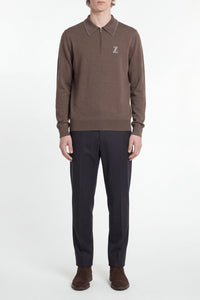Zipped jumper with wool trim - Brown & Grey
