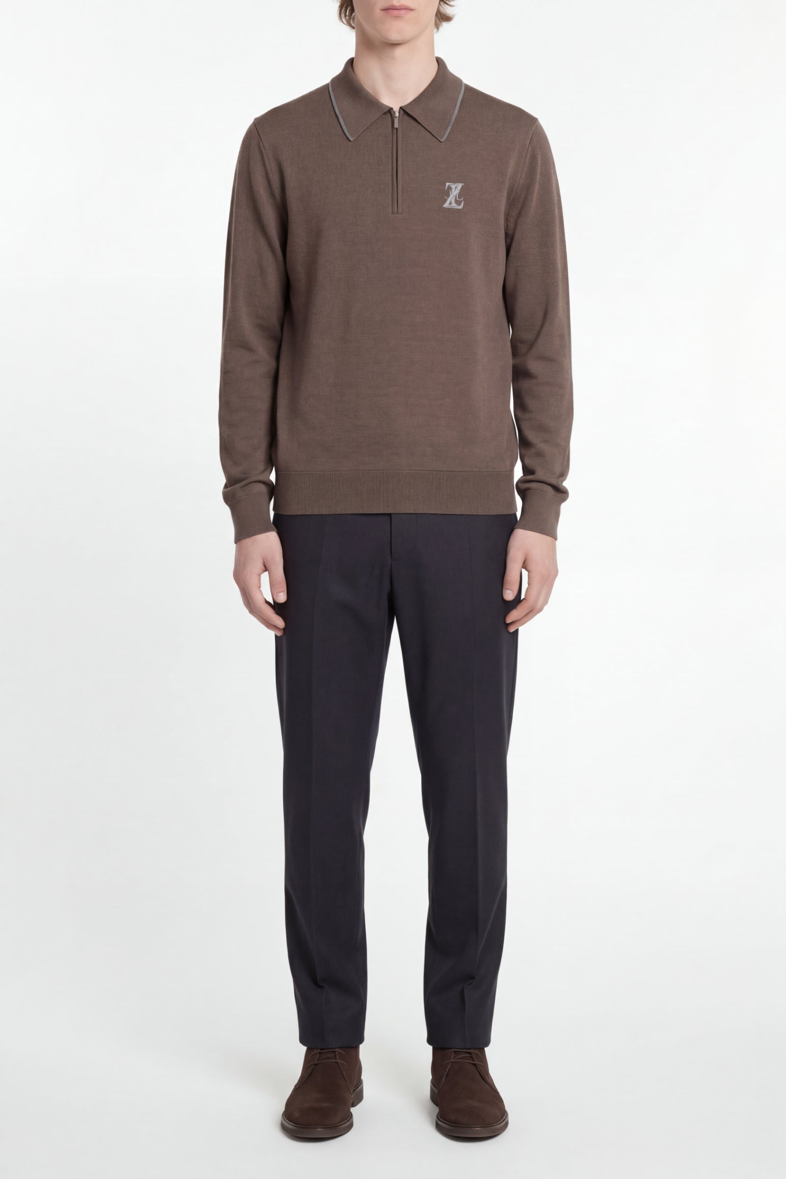 Zipped jumper with wool trim - Brown & Grey