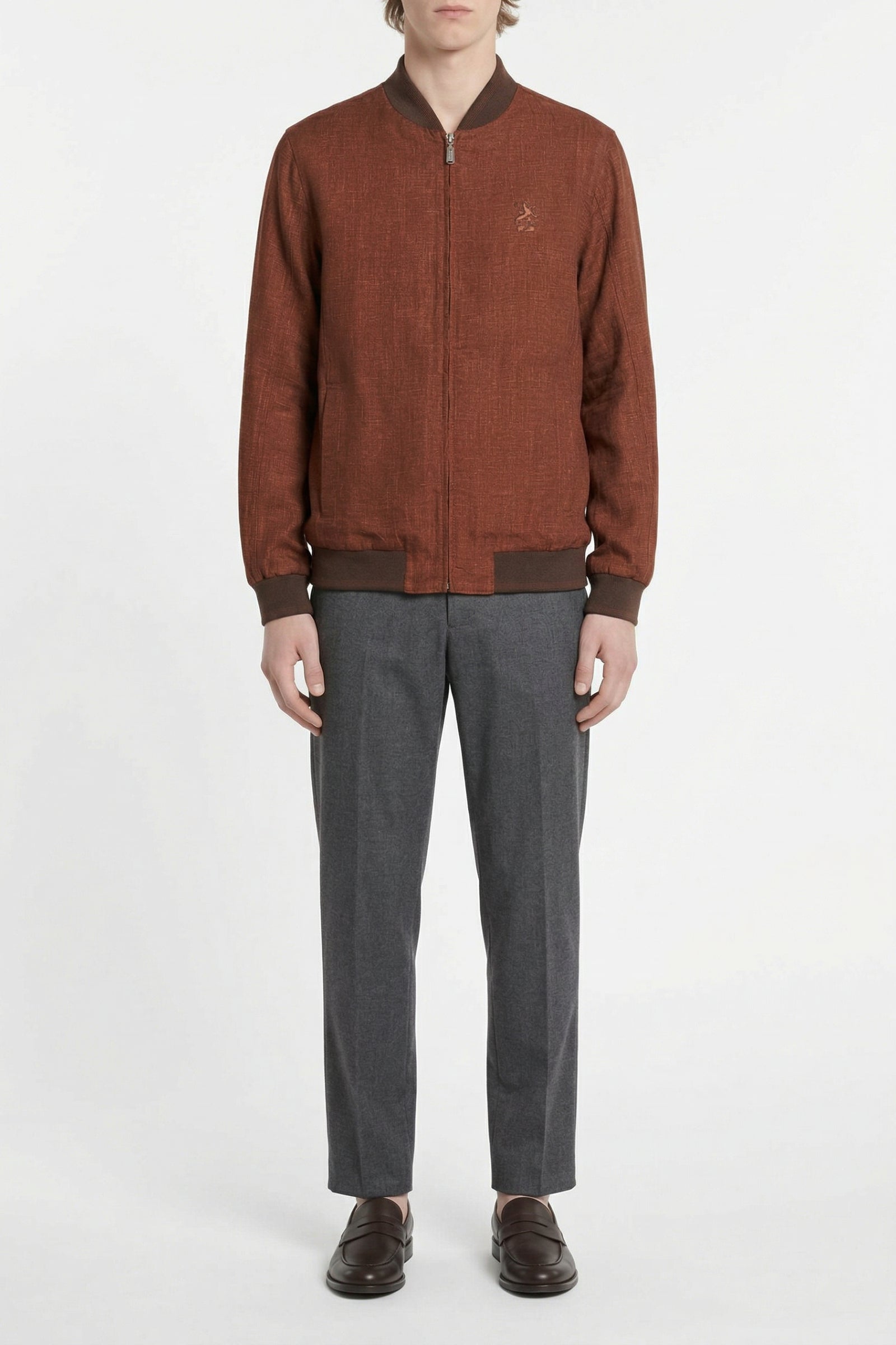 Blouson aviateur à col côtelé chiné en lin - Gris