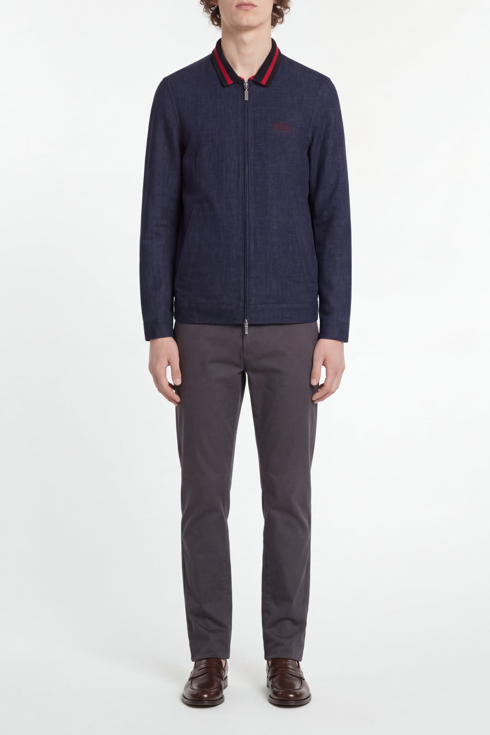 Blouson à col montant chiné en lin - Bleu