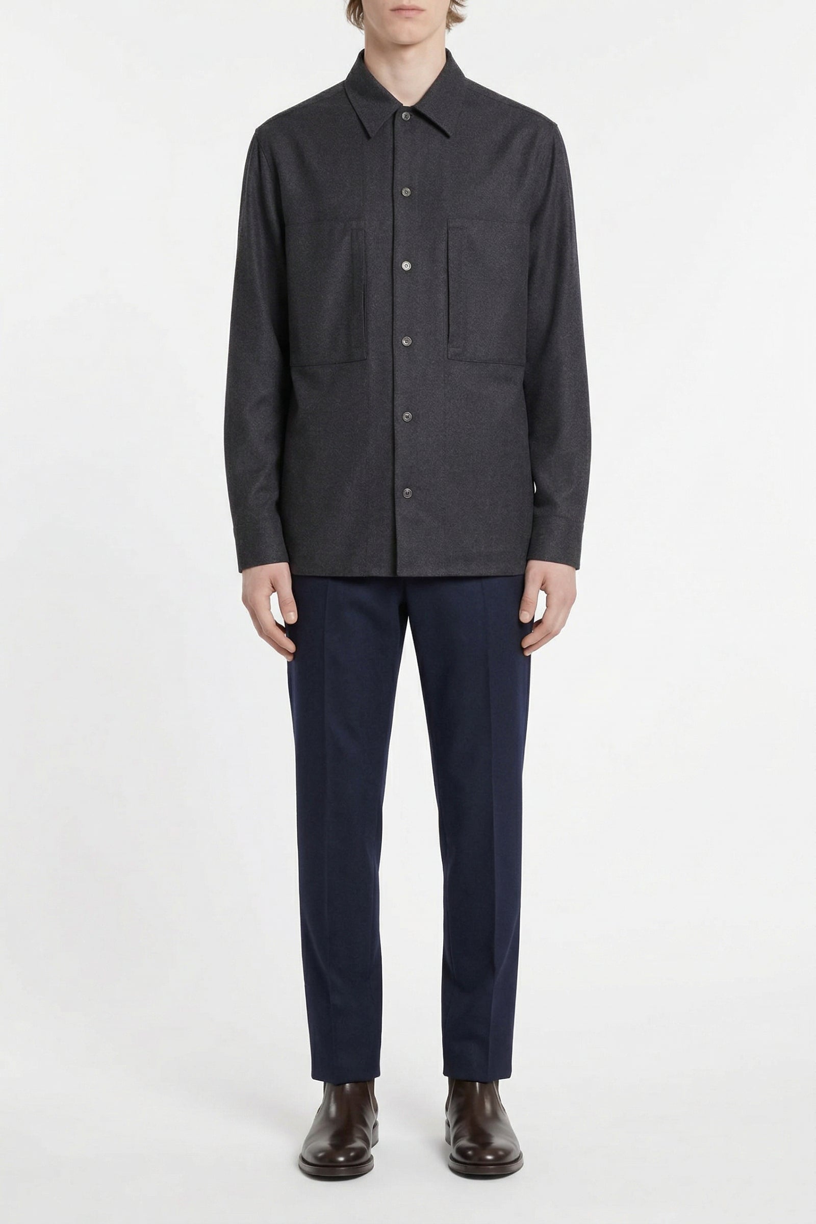 Wool blend shirt with pockets and flap - Grey