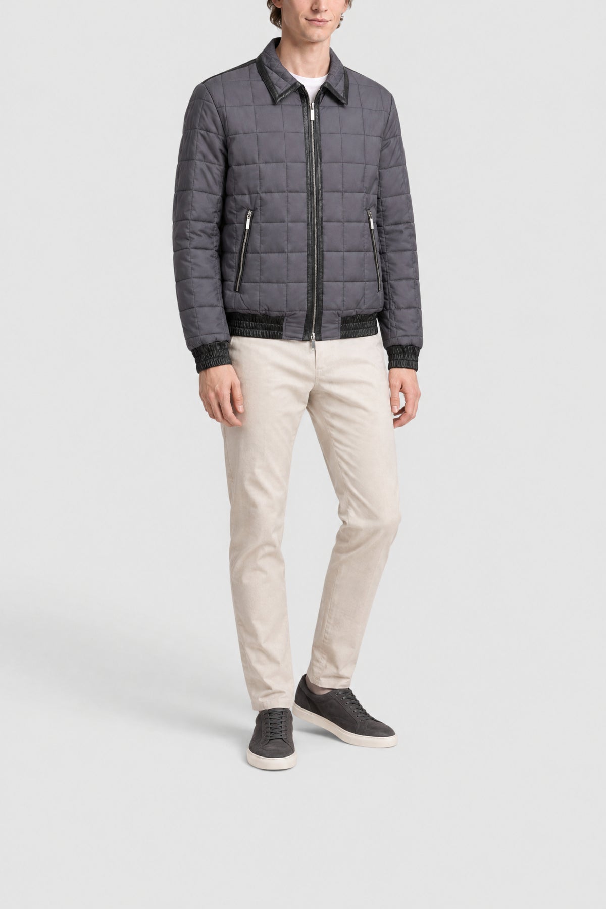 Quilted silk and leather jacket - Grey & Black
