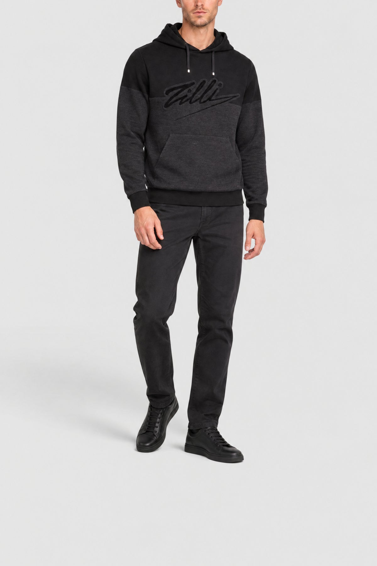 Sweat à capuche en laine et soie mélangée - Noir & Gris