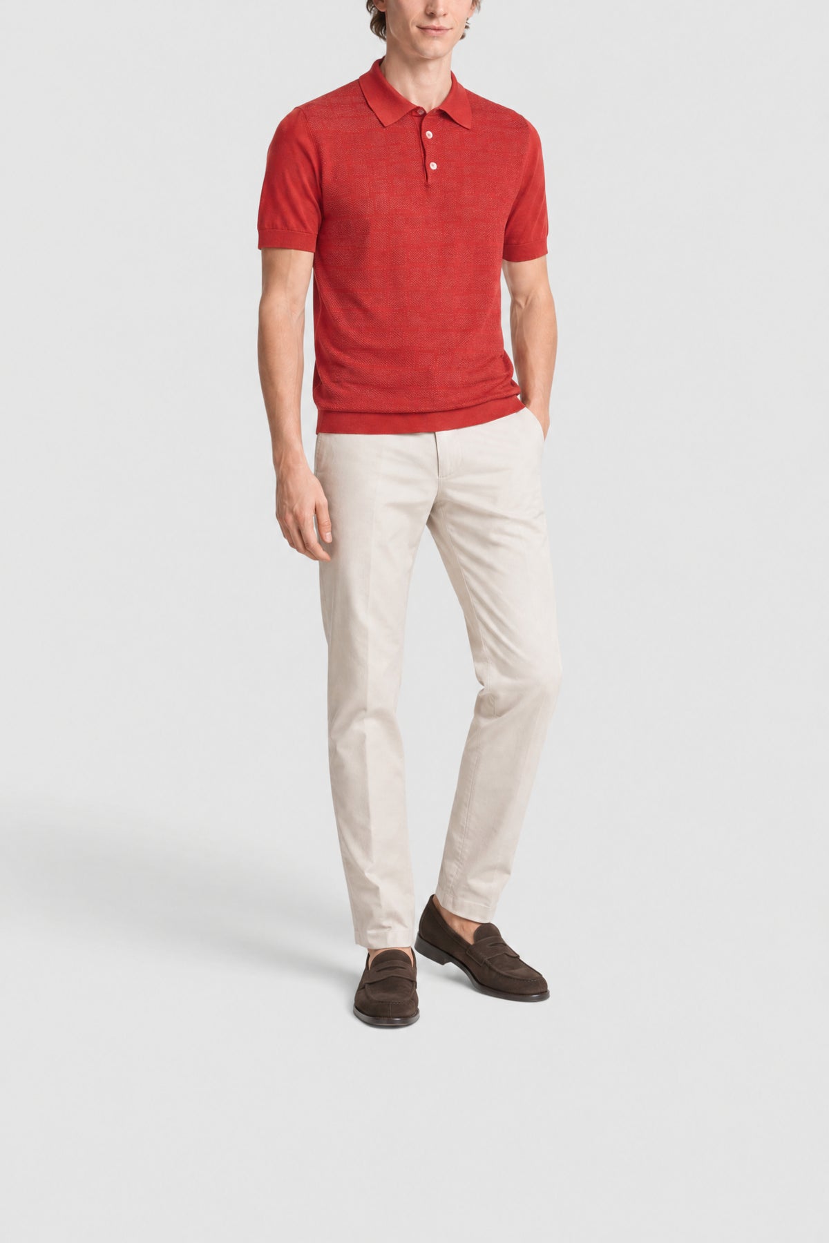 Polo à maille texturée en soie - Rouge