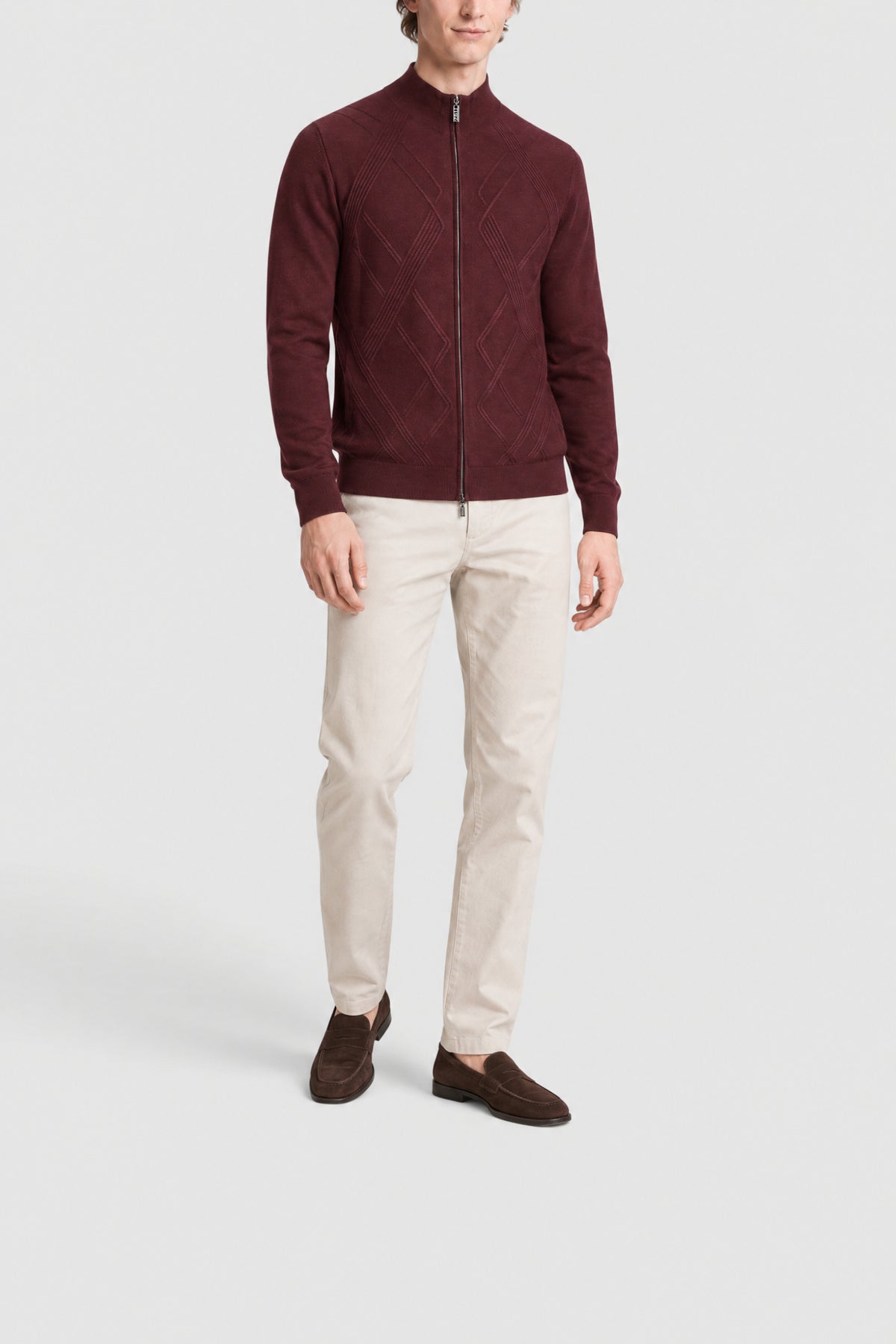 Wool zip-up cardigan with a high collar - Ruby