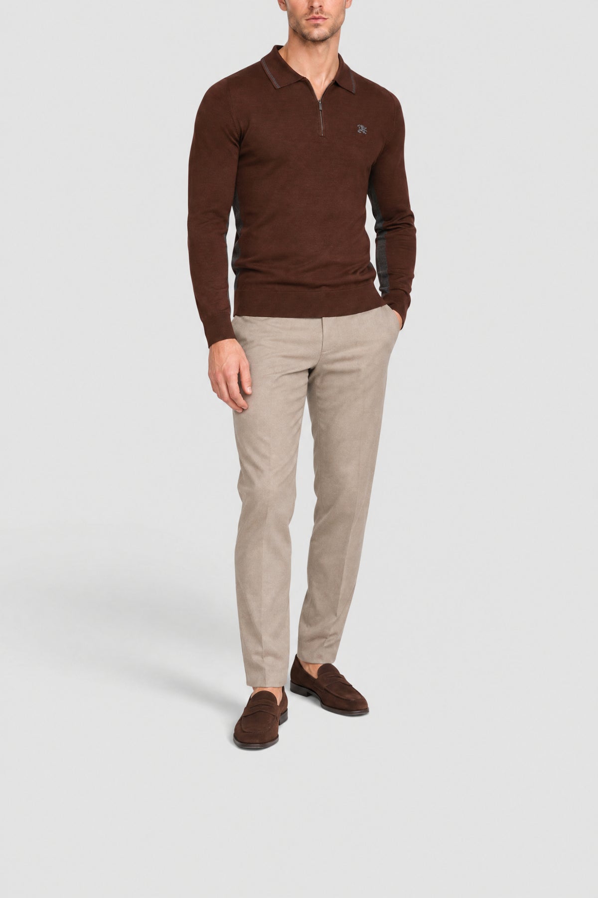 Long-sleeved wool polo shirt with a zipped collar - Brown