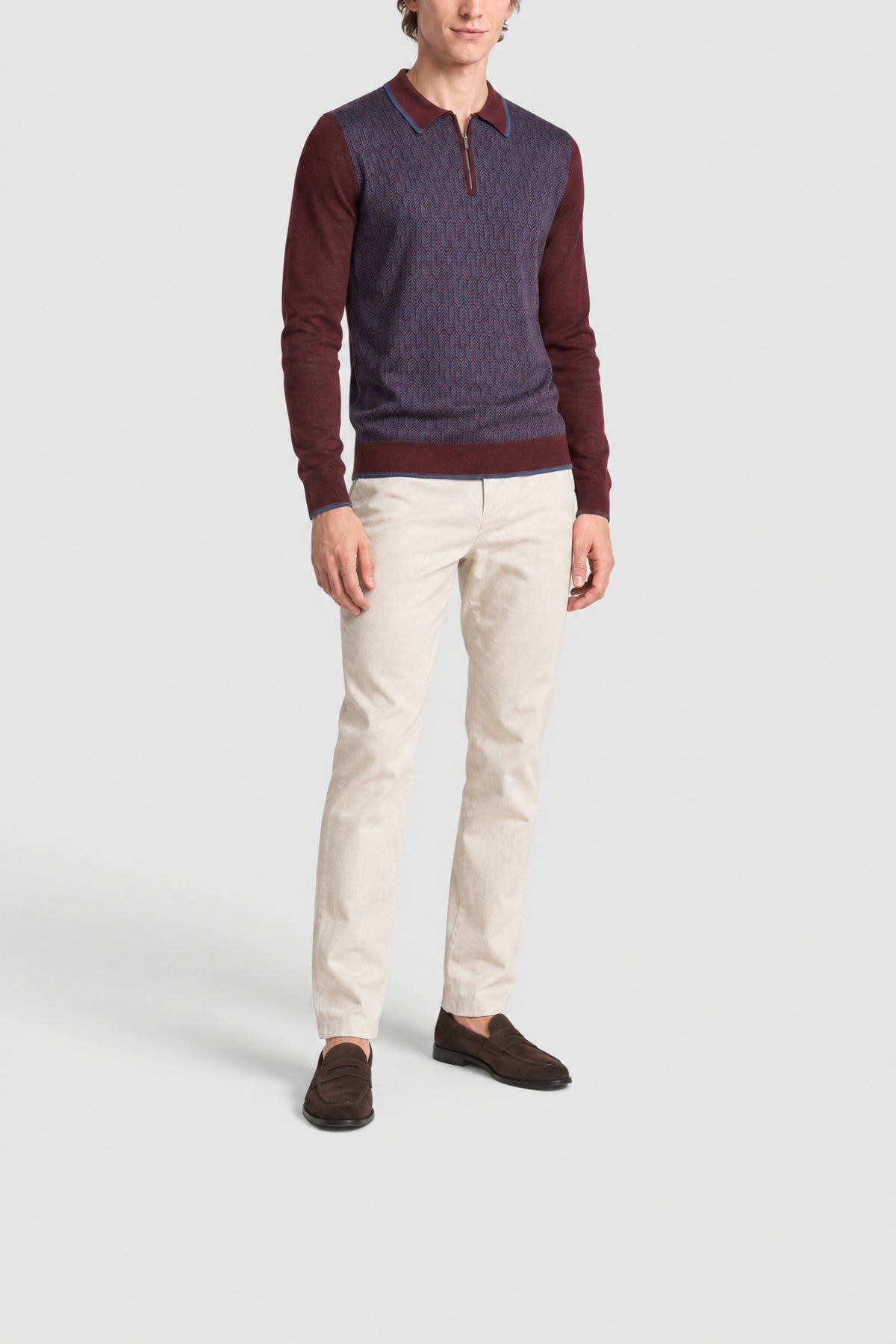 Polo à col zippé contrasté en laine et soie - Deep Cherry