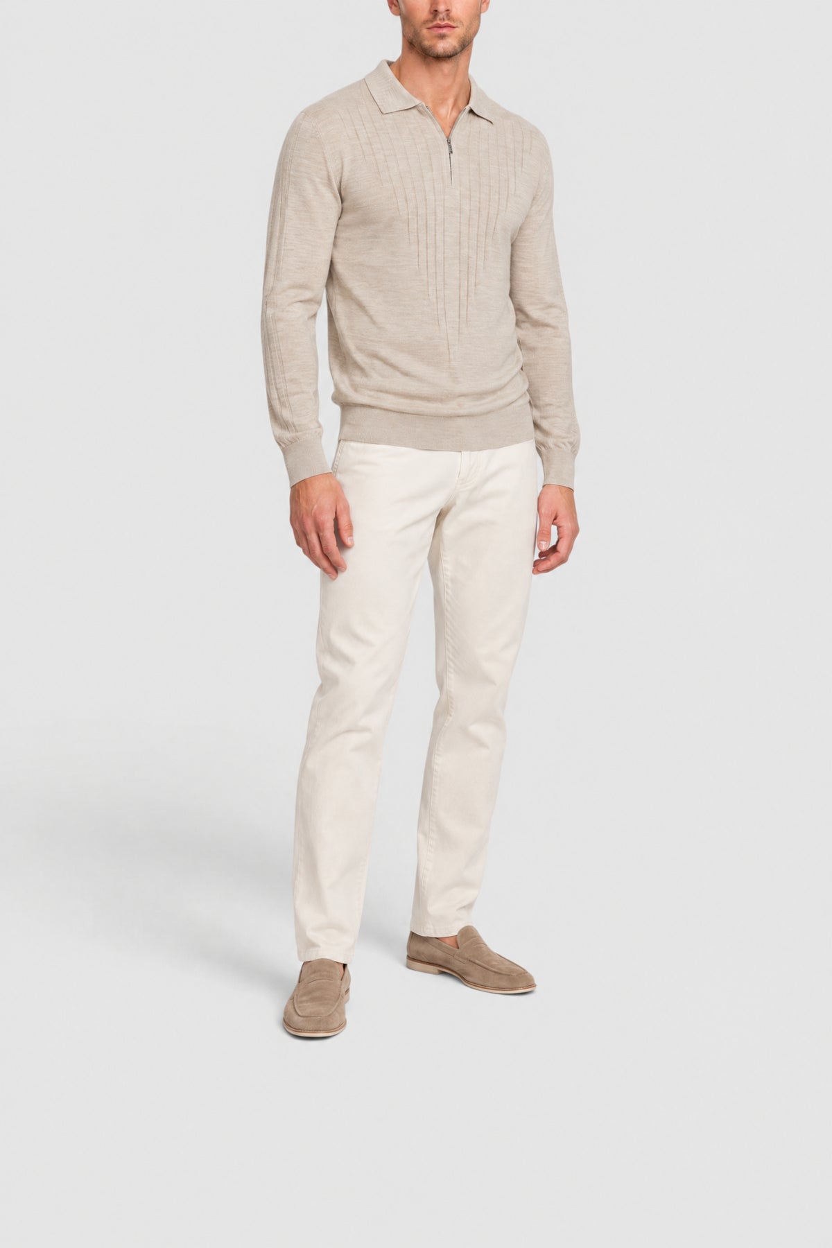Long-sleeved wool polo shirt with a zipped collar - Pale Fawn