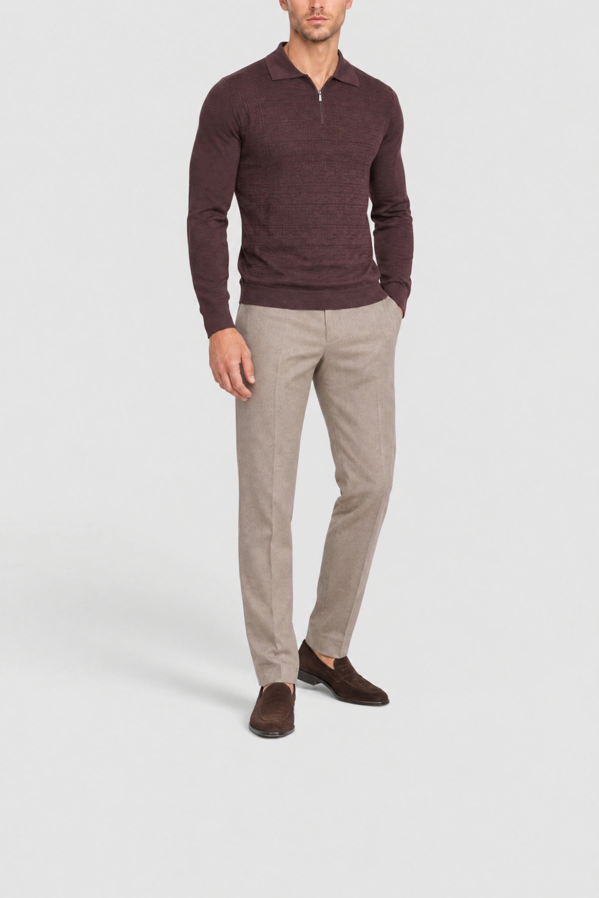 Zip-up polo shirt in a cashmere and silk blend - Deep Cherry