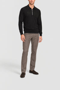 Long-sleeved silk polo shirt with a zipped collar - Black