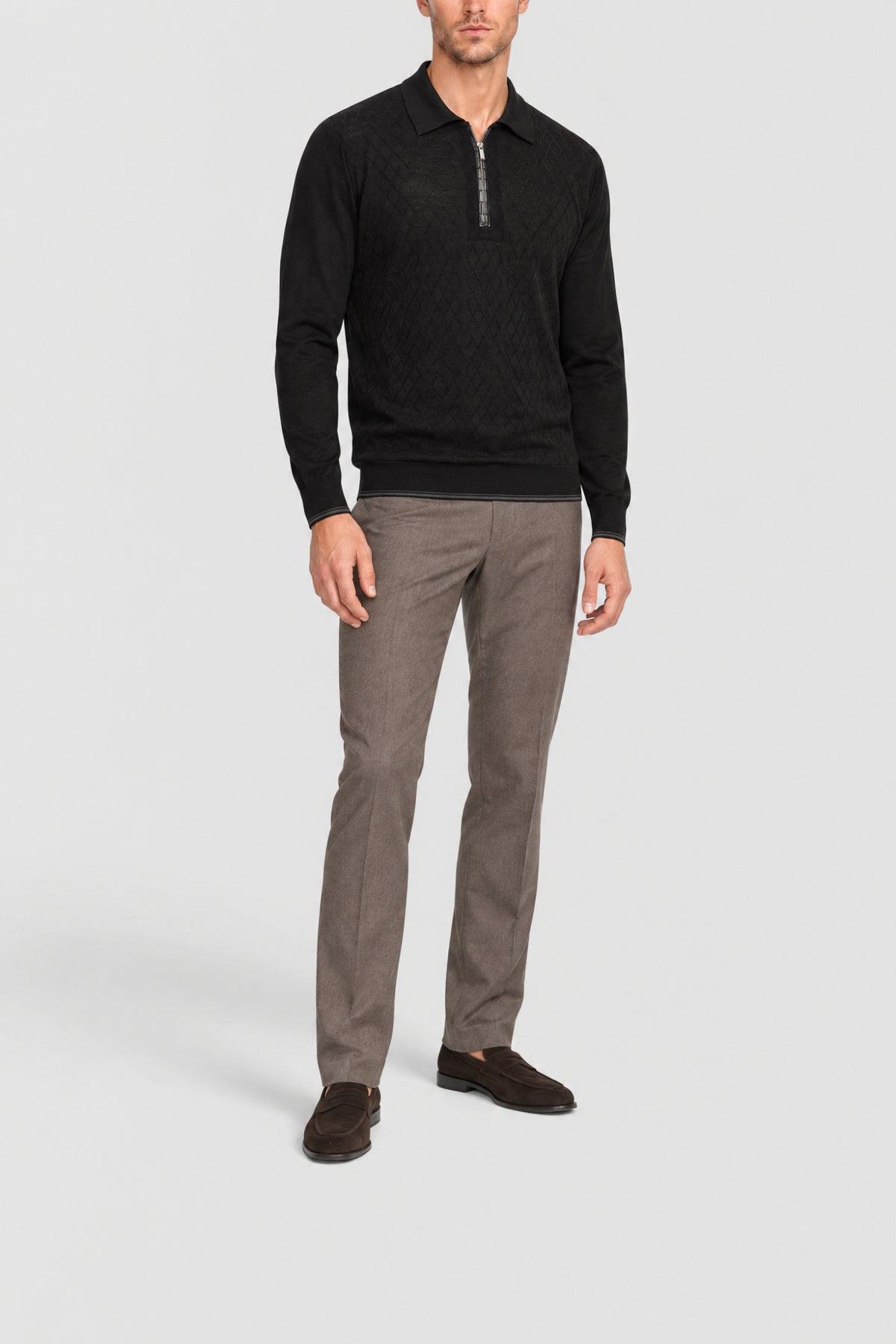 Long-sleeved silk polo shirt with a zipped collar - Black