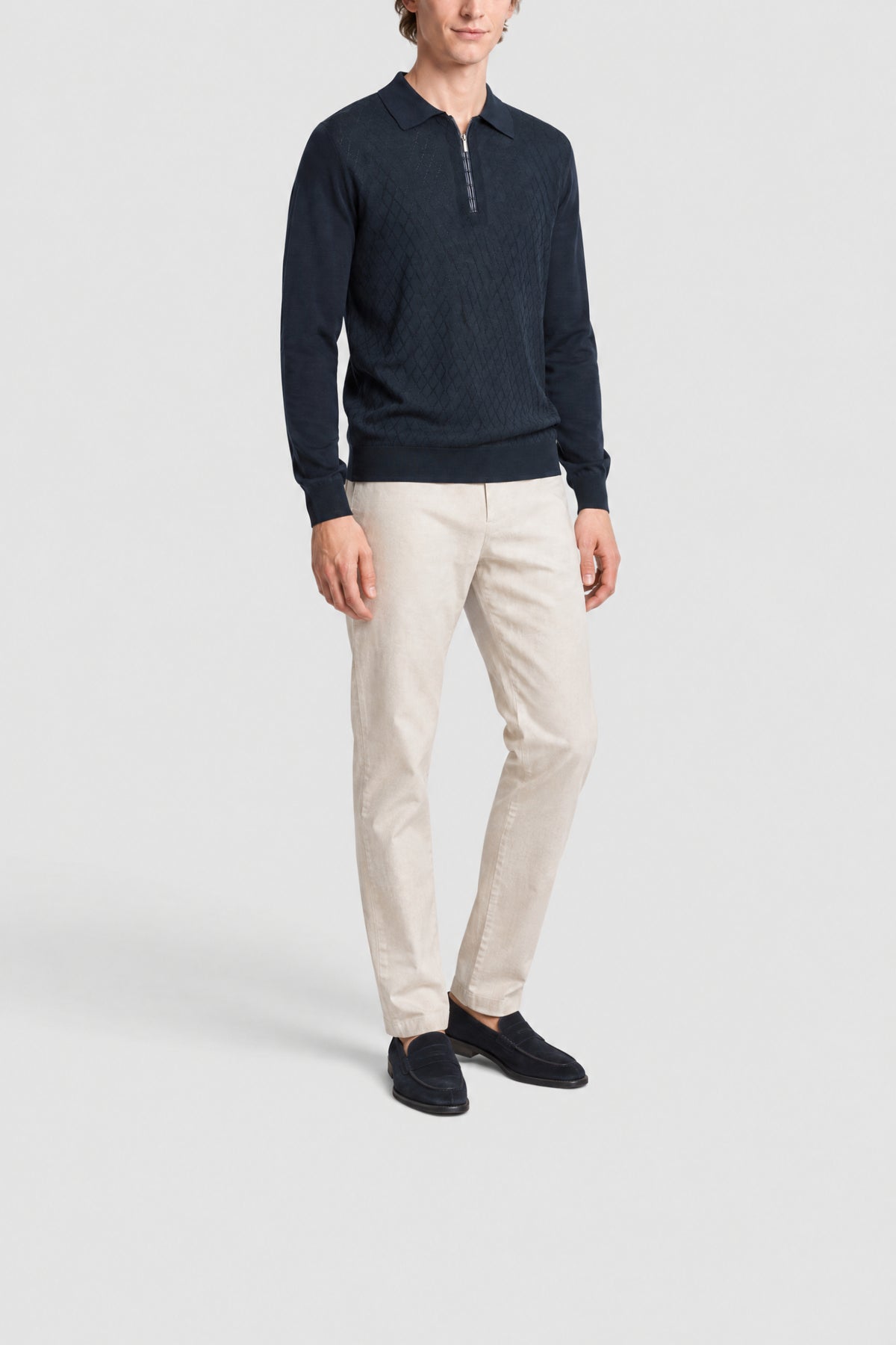 Polo à col zippé et manches longues en soie - Dark Navy