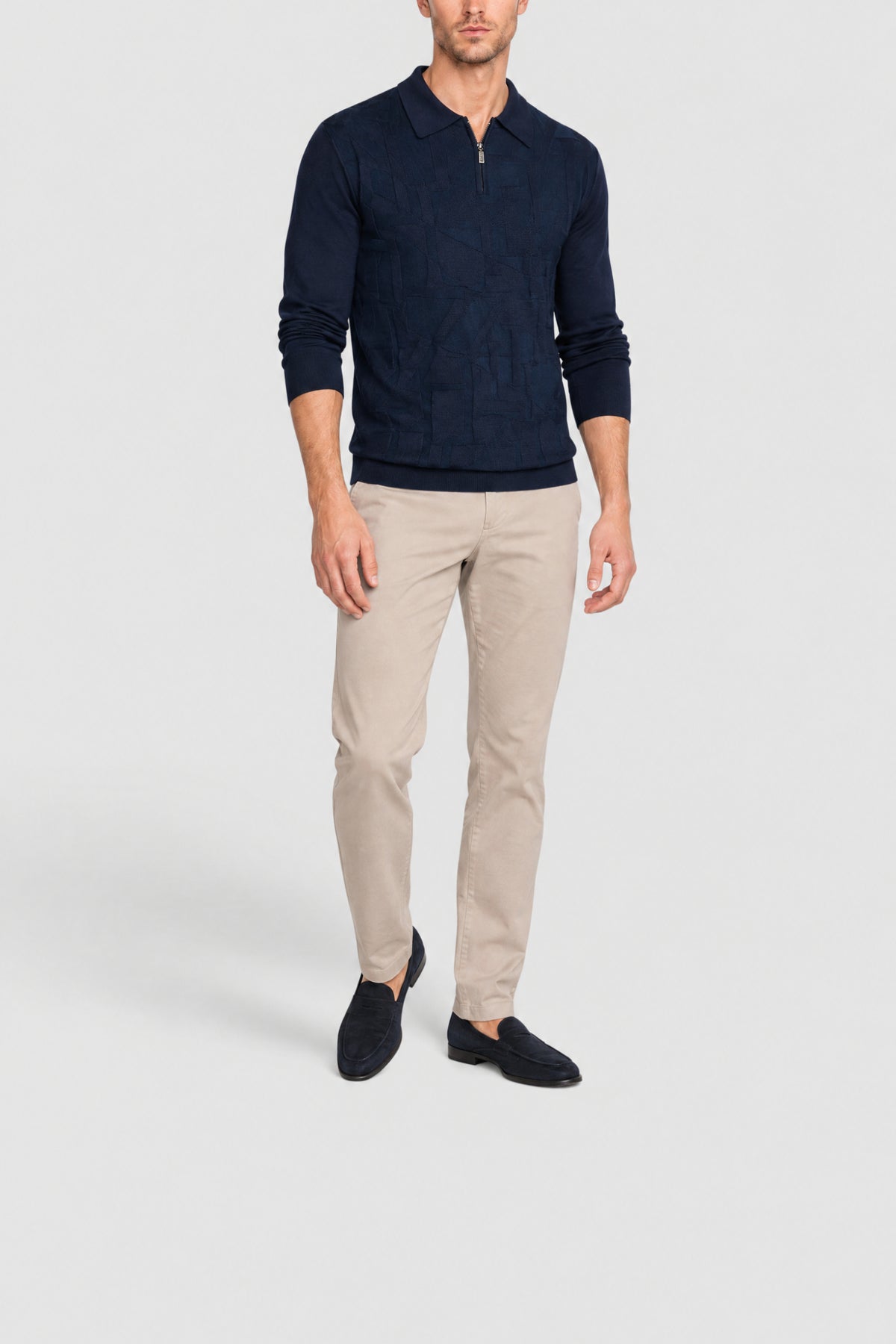 Textured cashmere and silk blend polo shirt with front zip - Blue