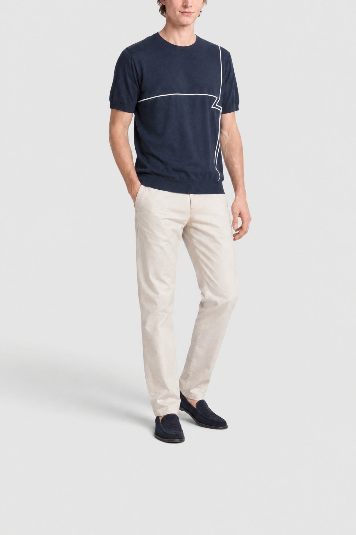 T-shirt à col rond et lignes - Bleu