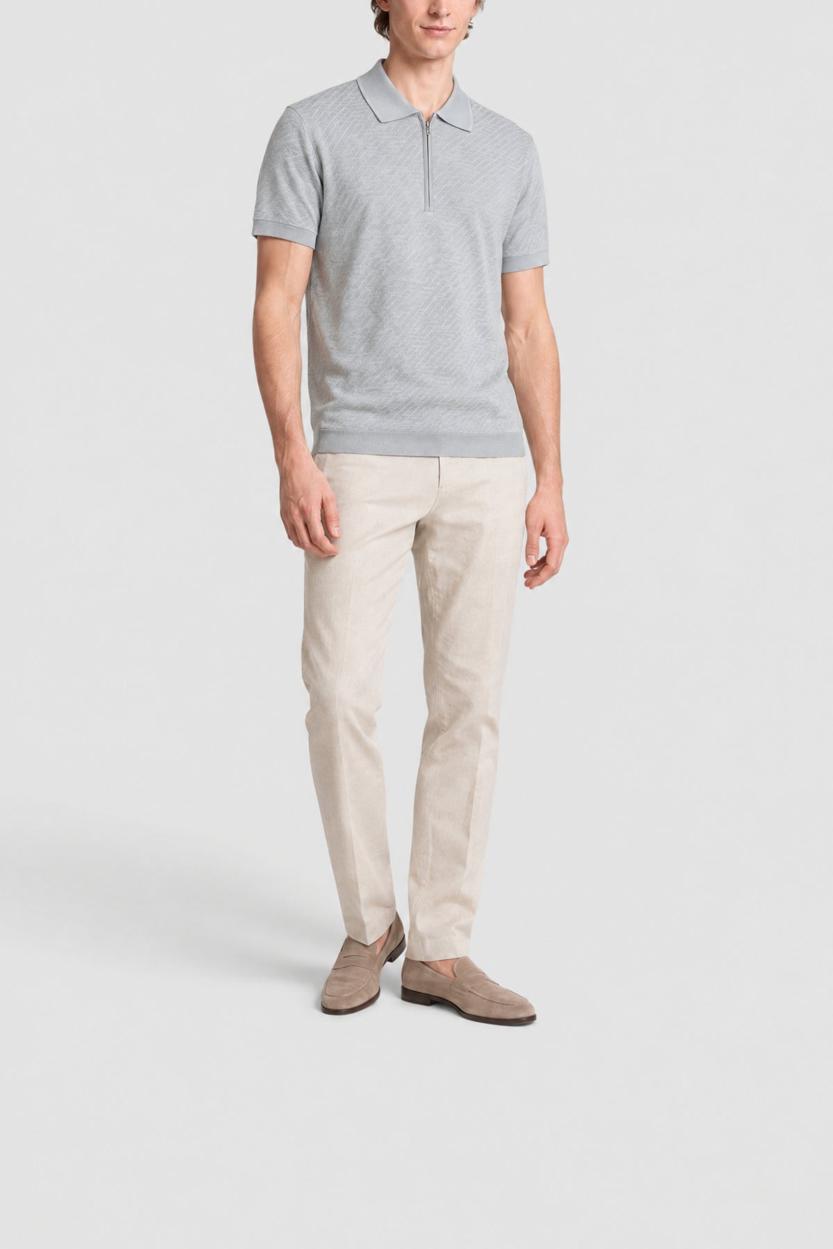 Zip-up polo shirt with silk motifs - Grey