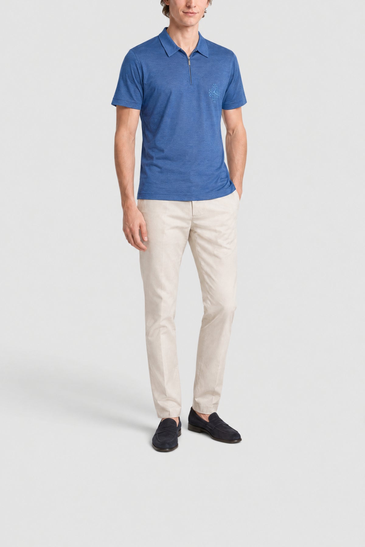 Polo zippé à broderie - Bleu