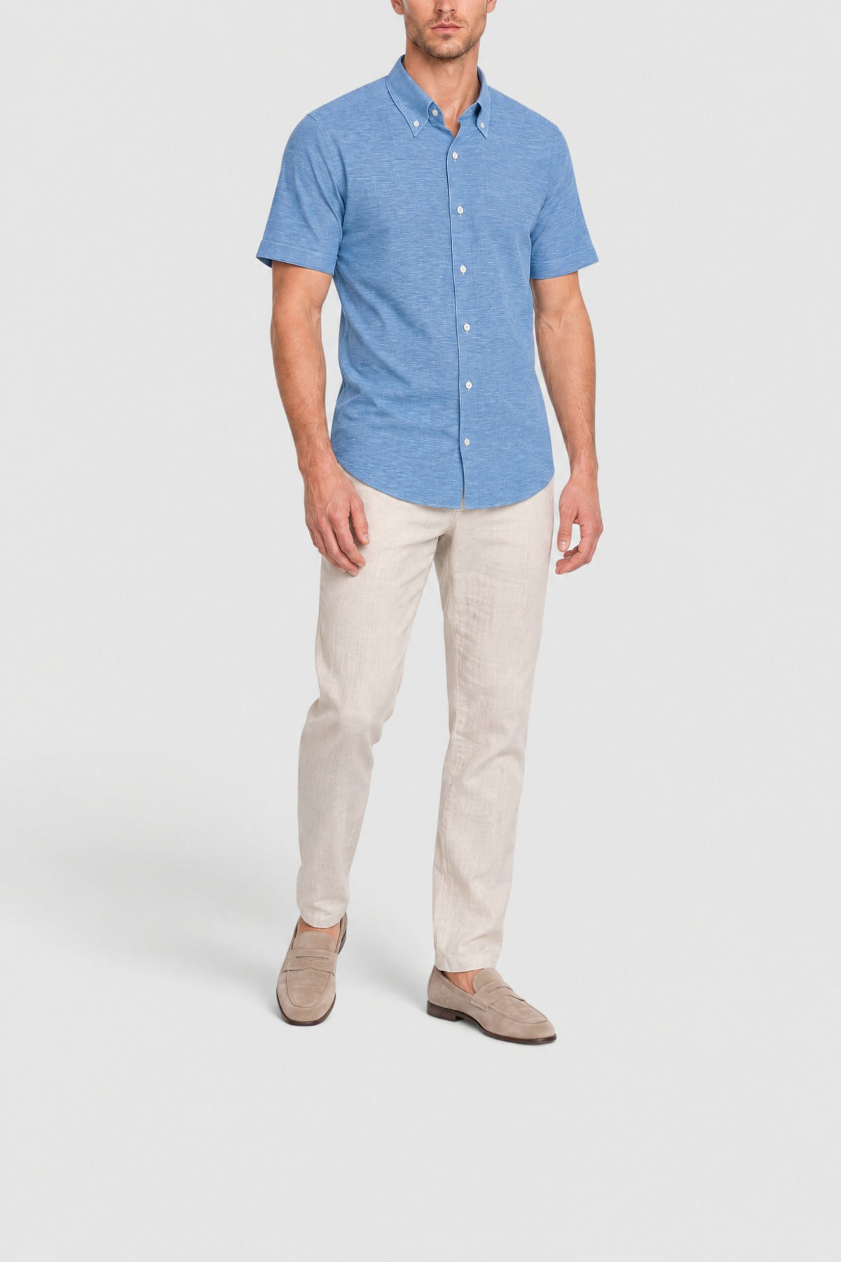 Chemise à manches courtes en lin mélangé - Bleu