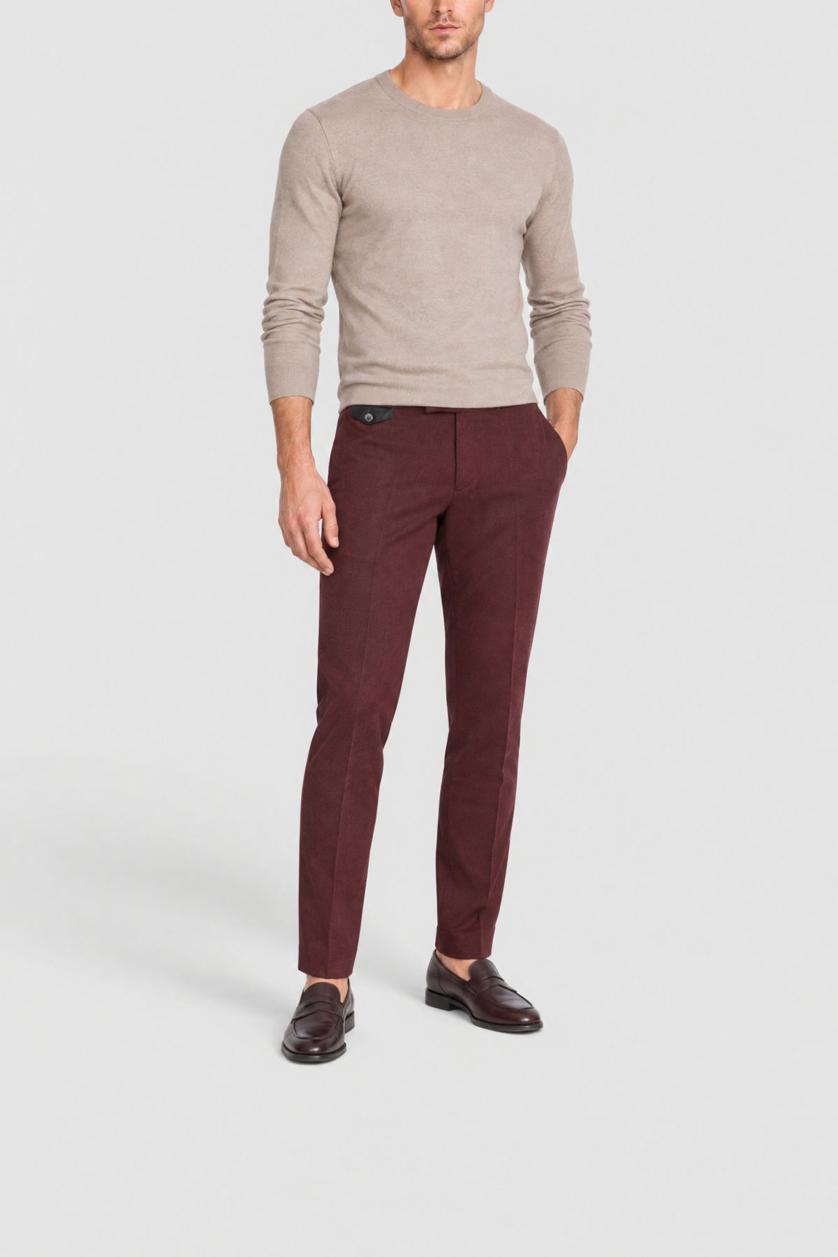 Pantalon de tailleur boutonné en laine - Bordeaux