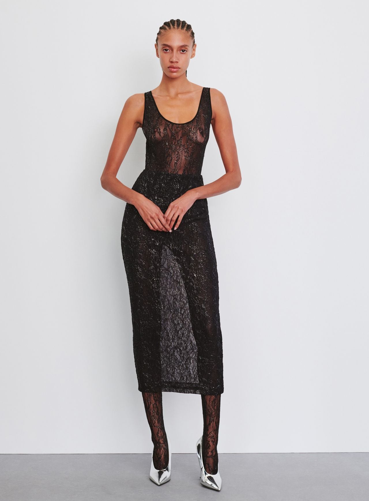 Metallic Lace Tank Bodysuit - Black / Silver
